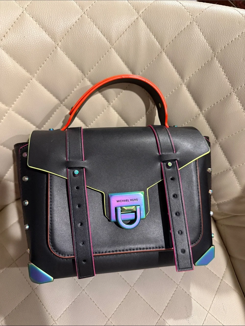 Michael Kors Black Satchel with Neon Trim and Iridescent Hardware